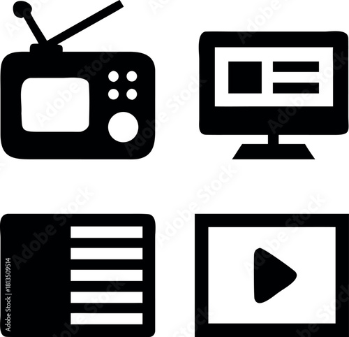 Mass media icon set featuring television and communication symbols silhouette