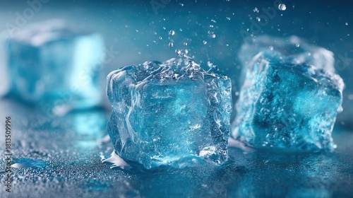 Macro shot of melting blue ice cubes with water droplets, representing freshness, coolness, and purity, bright natural lighting, realistic textures, shallow depth of field.