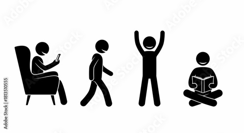 Four stick figures illustrating various human activities and daily routines.