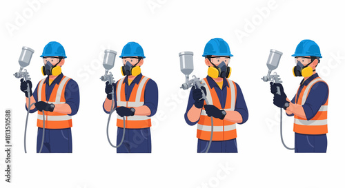 Four illustrations of a person wearing a respirator and holding a spray gun, ready to paint.
