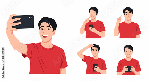 Set of vector illustrations of a young man in a red shirt using a smartphone, showing various poses and emotions like happiness, confusion, and thoughtfulness.
