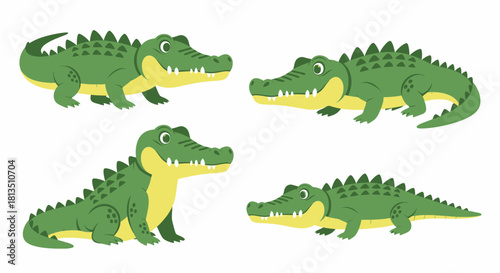 Set of four cute green cartoon crocodiles in various poses, isolated on a white background.