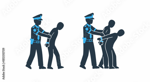 Police officer arresting and escorting a handcuffed person, and another officer escorting two handcuffed individuals.