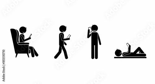 Four stick figures using smartphones in different positions, representing various activities.