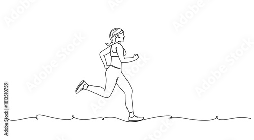 Woman running in sportswear in one line art style. Woman drawing with editable black stroke on white background. Vector illustration.