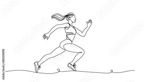 Woman running in sportswear in one line art style. Woman drawing with editable black stroke on white background. Vector illustration.