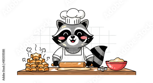 Cartoon raccoon wearing a chef's hat rolls dough on a wooden board with star-shaped cookies nearby.
