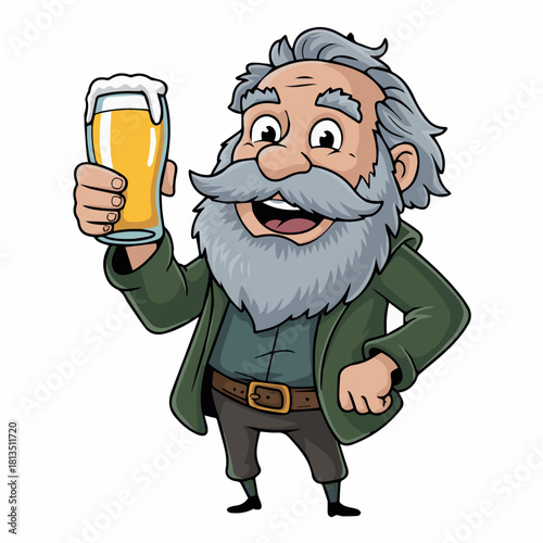 Cartoon man with gray beard raising a glass of beer with foam in his hand in a cheerful manner