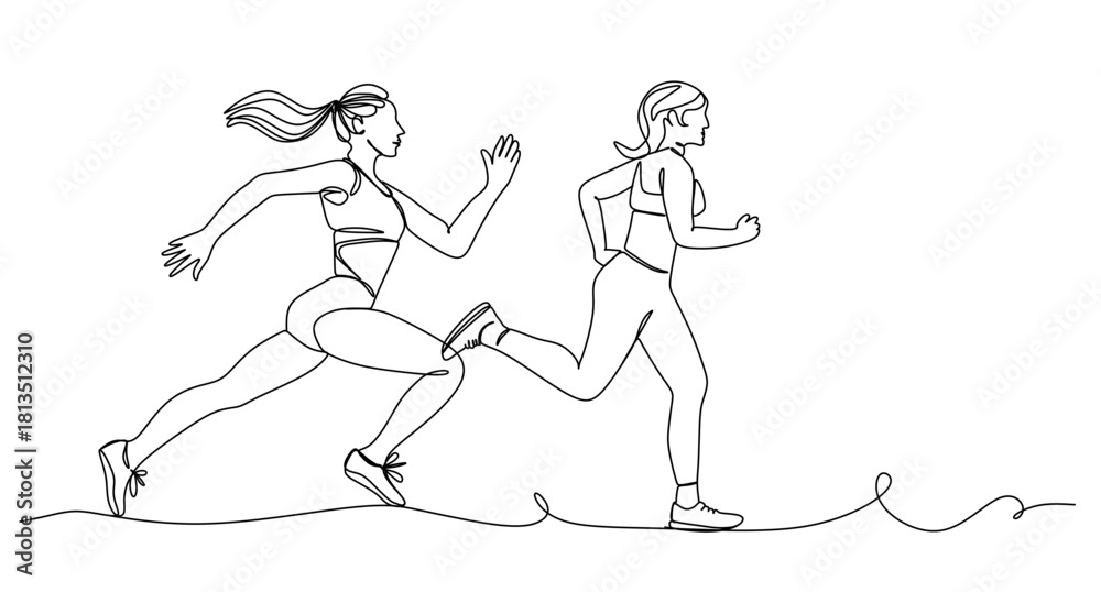 Fototapeta premium Woman running in sportswear in one line art style. Woman drawing with editable black stroke on white background. Vector illustration.
