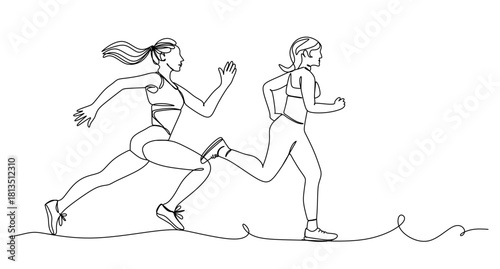 Woman running in sportswear in one line art style. Woman drawing with editable black stroke on white background. Vector illustration.