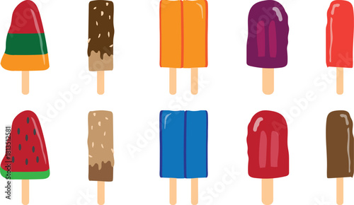 Pack of Hand Drawn popsicles ice cream stick with variety of tastes