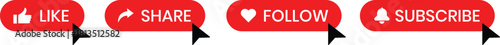 Social media action buttons follow, share, like, subscribe, pack flat vector Icons on transparent background.