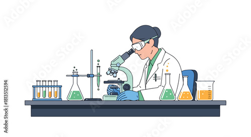 Scientist Working With Microscope in Modern Laboratory Vector Illustration