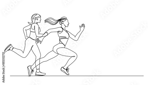 Woman running in sportswear in one line art style. Woman drawing with editable black stroke on white background. Vector illustration.