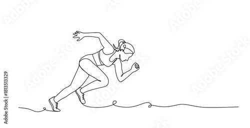 Woman running in sportswear in one line art style. Woman drawing with editable black stroke on white background. Vector illustration.