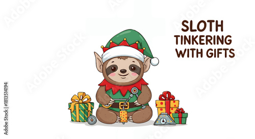 Cartoon sloth dressed as an elf, tinkering with tools and wrapped gifts, against a white background.