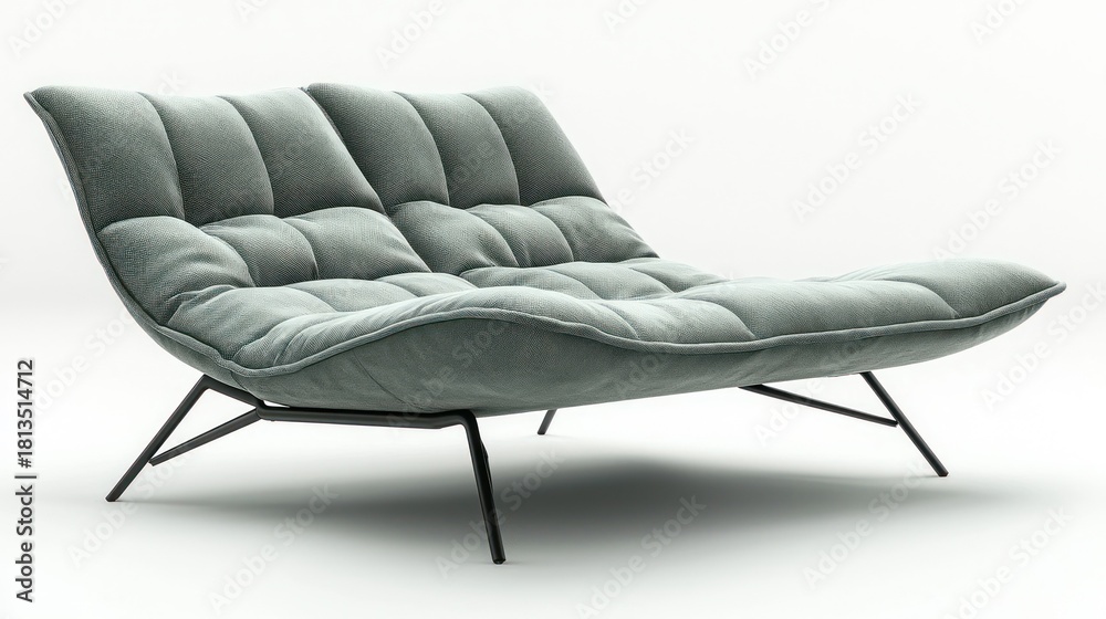 Obraz premium Light gray, plush, channel-quilted chair with black metal legs on white backdrop