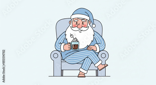 Vector illustration of a relaxed Father Christmas character in his pajamas, sitting in a comfy armchair and drinking hot cocoa