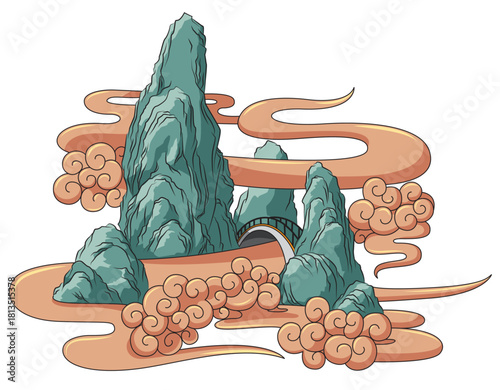 Serene Chinese Mountain Scenery with Soft Clouds, Stone Peaks, and Decorative Bridge — Elegant East Asian Vintage Vector Design