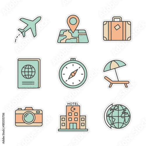 Outline Travel Icons Set in Sticker Style with Minimal Colors