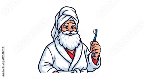 Santa Claus with Towel and Toothbrush in Bathroom, Promoting Dental Hygiene and Self-Care