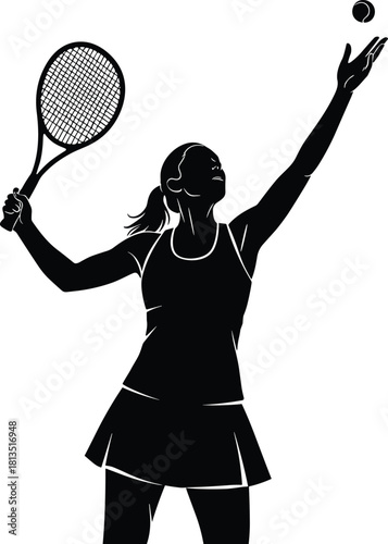 Female tennis player silhouette, serving motion pose, racket and ball action, sports vector art, cad 