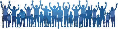 Group celebration silhouette, diverse people raising hands, unity and joy concept, crowd vector art, cad drawing flat vector illustration