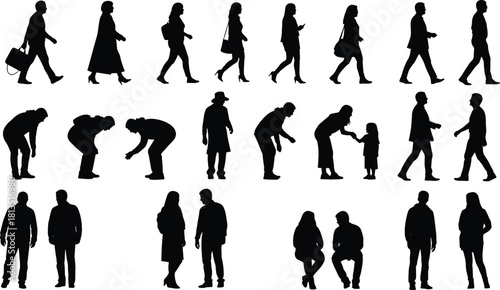 Human silhouette collection, diverse poses and interactions, walking standing bending sitting, vector people art, cad drawing flat vector illustration