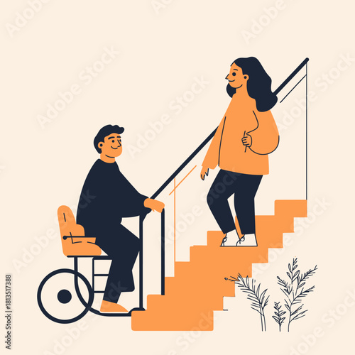 Man in wheelchair using stair lift assisted by woman on stairs in modern home interior flat vector illustration for accessibility support concept