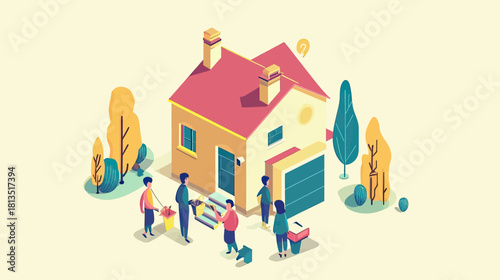 Isometric Family Buying House with Mortgage Loan and Real Estate Agent Signing Contract near Modern Suburban Home with Trees Flat Vector Illustration