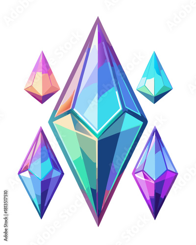 Collection of colorful cartoon diamond jewels on a white background