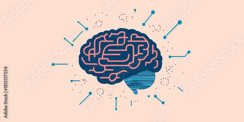 Abstract digital brain network icon with neural pathways and data connections in flat minimalist vector style illustration design