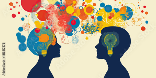Silhouettes of man and woman with glowing light bulb heads and colorful abstract creative ideas and connections flowing between them on white background vector illustration