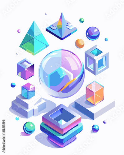 Isometric geometric shapes with pastel colors and soft shadows on white background