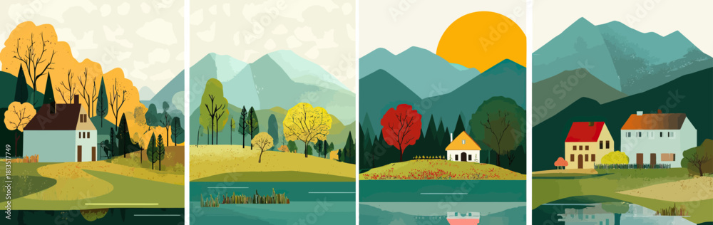 Fototapeta premium Vector illustration of peaceful rural landscape with autumn trees, houses, mountains, lake reflections, green fields, and sunset sky in flat minimalist style