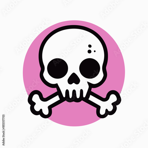 Minimalist cartoon skull and crossbones icon with black outlines on pink circle background, flat vector illustration of pirate danger symbol and toxicity sign with playful style
