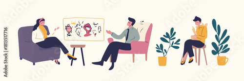 Psychotherapist session with patient discussing mental health and emotions therapy concept flat vector illustration