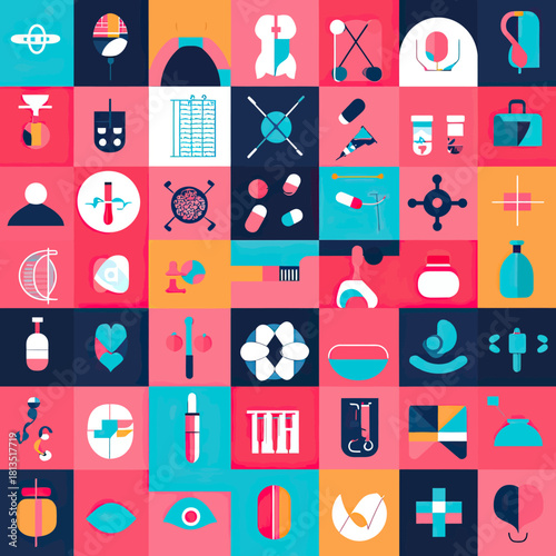 Flat minimalist medical and health icons set including pills, syringes, test tubes, heart, lungs, microscope, dental tools, first aid kit, DNA, and anatomy symbols on colorful grid background