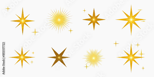 Set of golden sparkle stars and gleaming glows with various shapes and light burst effects in flat minimalist vector style on white background