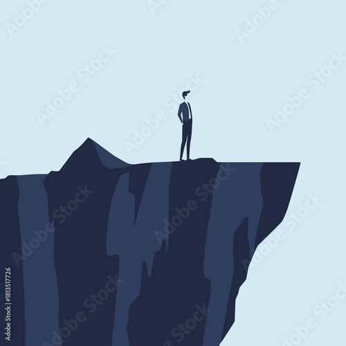 Businessman standing confidently on edge of dramatic mountain cliff overlooking vast sky symbolizing leadership challenge success and determination in minimalist flat vector style