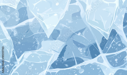 Close up abstract frozen ice surface with transparent cracked ice texture and water bubbles in cool blue tones vector background illustration