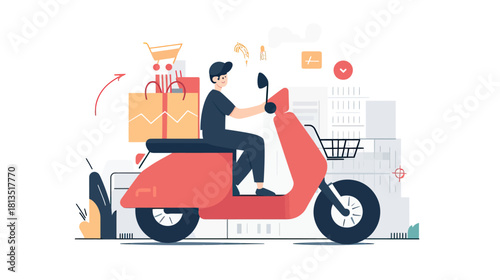 Delivery man riding red scooter with shopping bags and cart boxes in flat minimalist vector style for online shopping and courier service concept illustration
