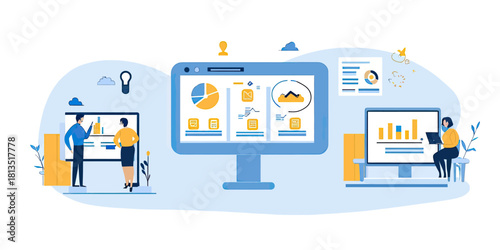 Flat vector illustration of business data analysis with people presenting charts and graphs on screens for finance and investment concepts