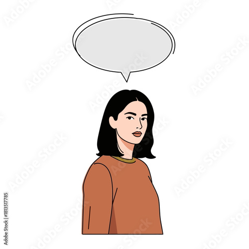 Woman with speech bubble for messages and conversations. Space for text