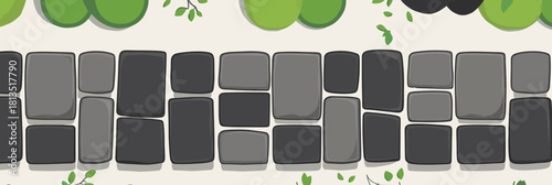 flat minimalist vector illustration of modern cobblestone pathway with varying gray tone rectangular stones and surrounding green foliage for urban park design concept
