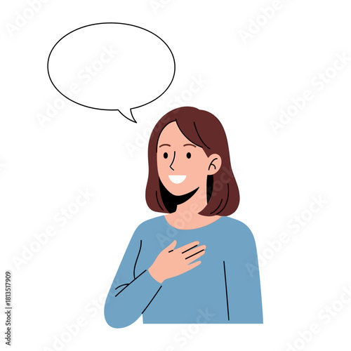 Illustration of a smiling young woman making a sincere statement with a speech bubble