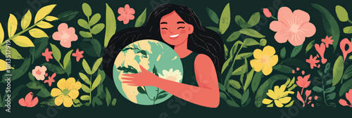 Happy woman hugging earth planet surrounded by colorful flowers and green leaves environmental protection nature love concept illustration gouache style vector