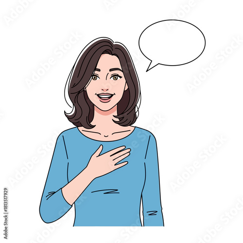 Woman Speaking With Hand On Chest - Vector Illustration