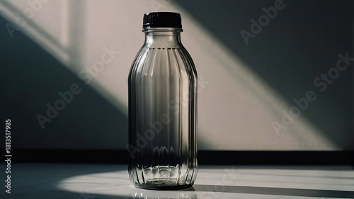 Minimalist Transparent Bottle with Shadow and Sunlight on Modern Background