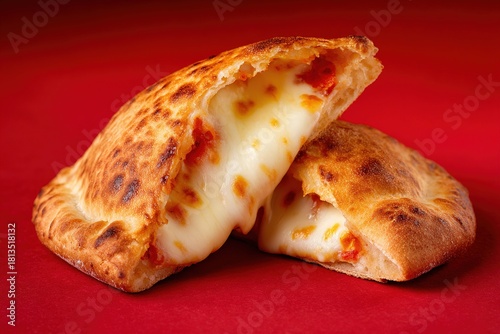 Hot calzone cut open with melted cheese and tomato sauce filling on red background